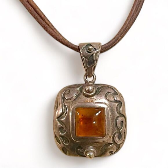 Retired Silpada Square Natural Amber Sterling Silver Slide Silpada Leather Cord - Picture 4 of 16